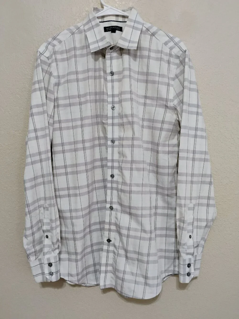 Banana Republic L White Gray Plaid Button Down Shirt Slim Fit